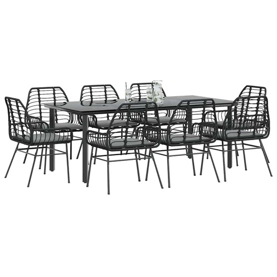 Ensemble à manger de jardin coussins 9pcs noir poly rotin verre