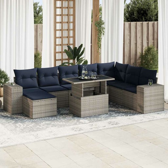 Salon de jardin avec coussins 9 pcs gris résine tressée acacia