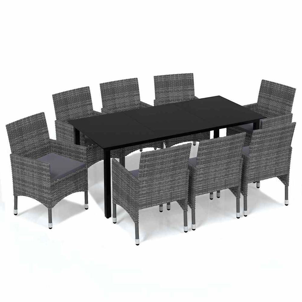 Ensemble à manger de jardin et coussins 9 pcs poly rotin gris