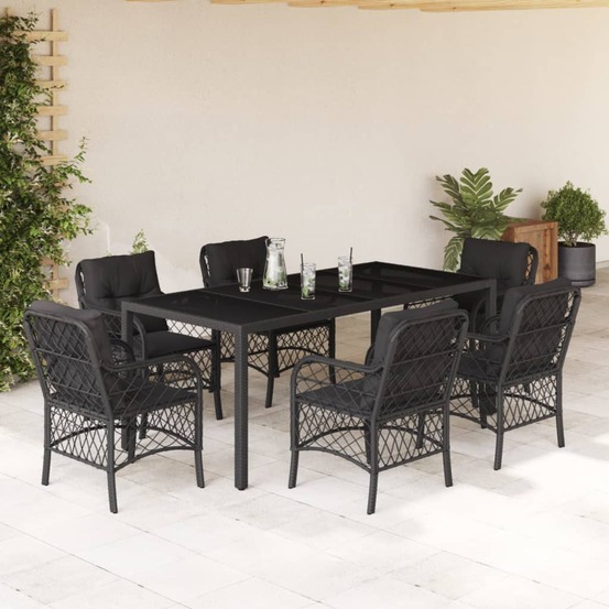Ensemble à manger de jardin coussins 7pcs noir résine tressée