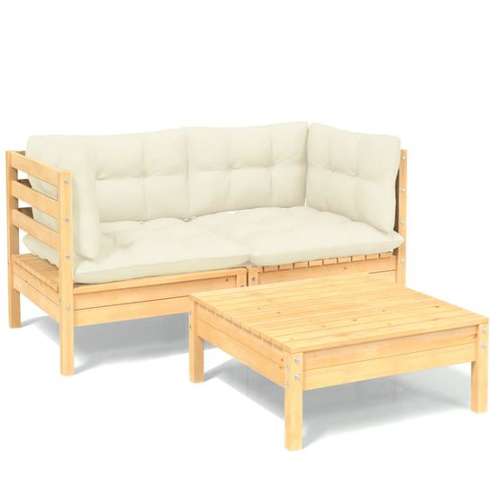 Salon de jardin 3 pcs avec coussins crème bois de pin