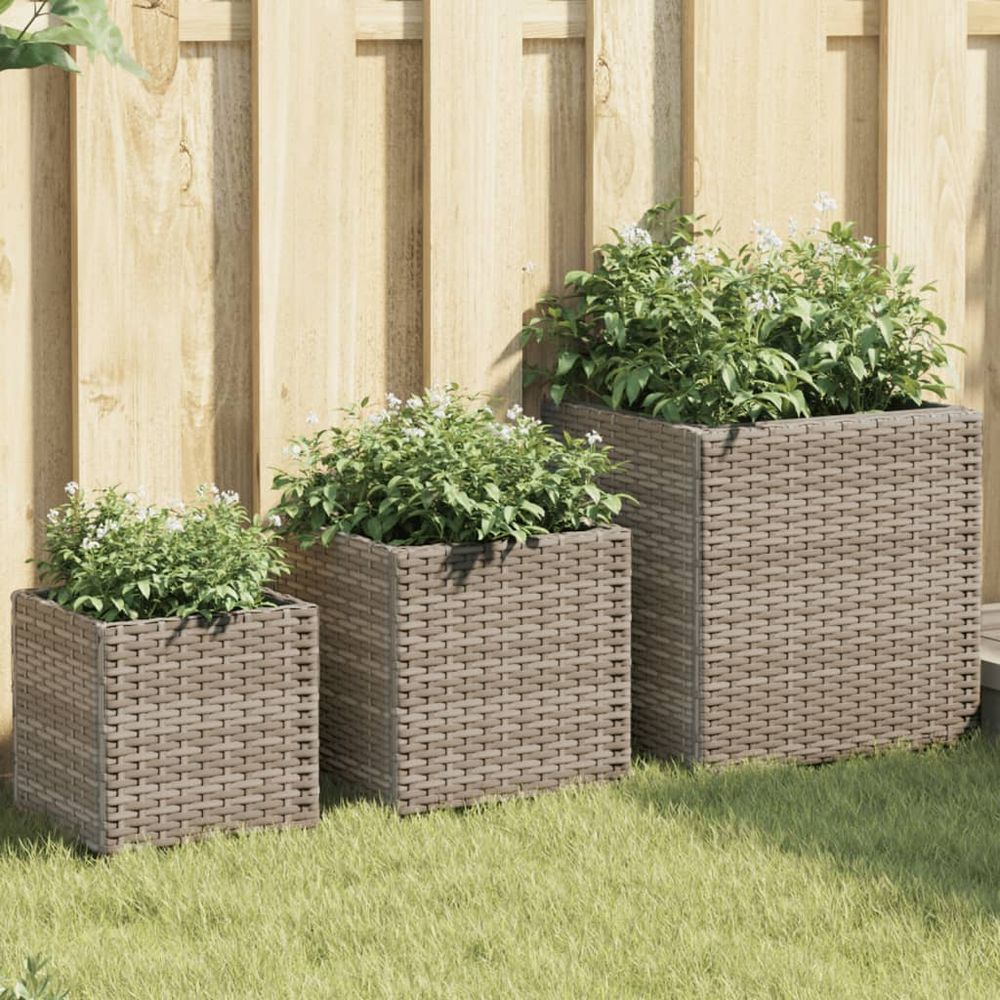 Lot de 3 bacs à fleurs carrés résine tressée pour extérieur tailles variées gris