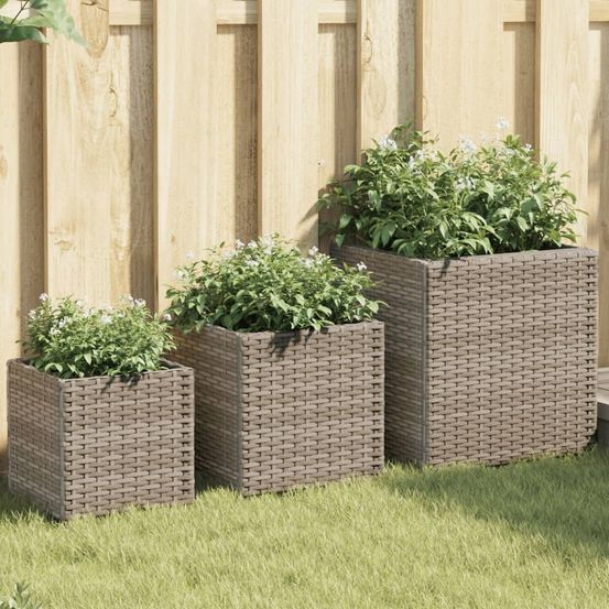Lot de 3 bacs à fleurs carrés résine tressée pour extérieur tailles variées gris