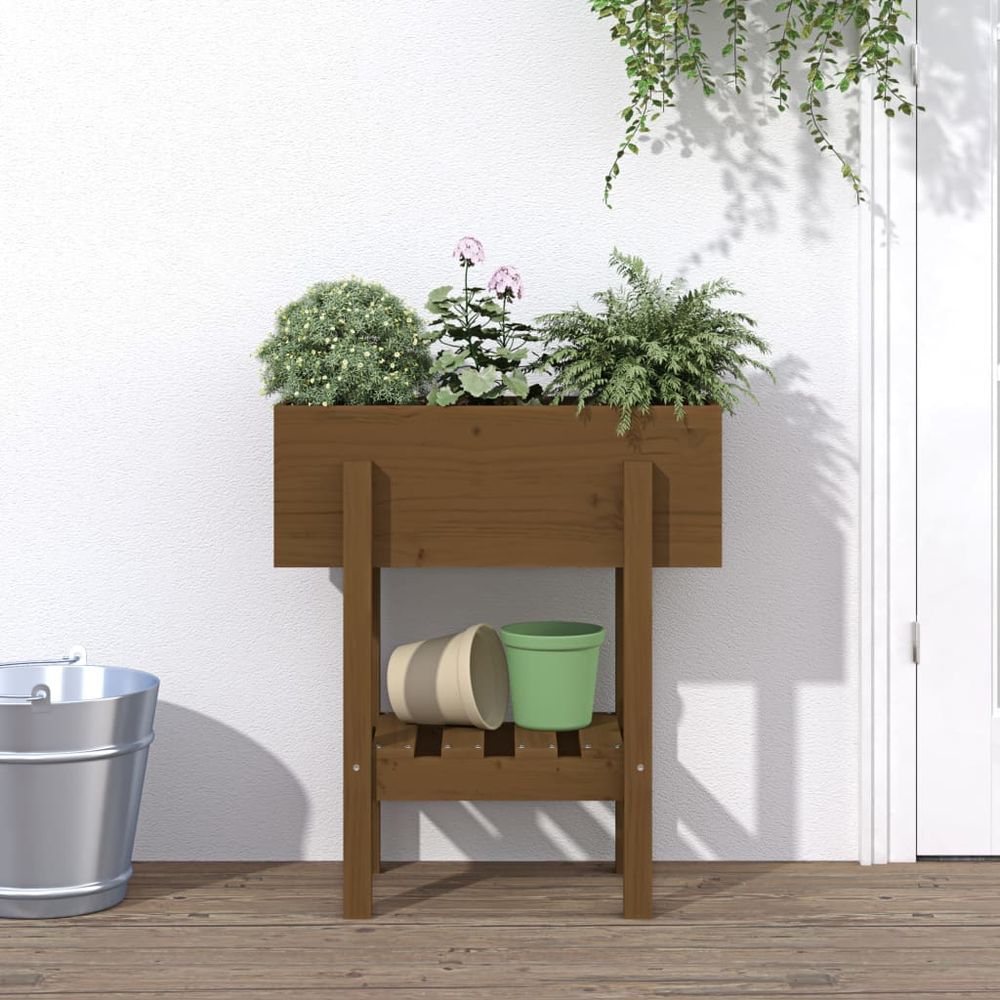 Jardinière haute en bois de pin avec étagère pour balcon couleur miel