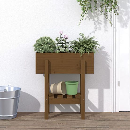 Jardinière haute en bois de pin avec étagère pour balcon couleur miel