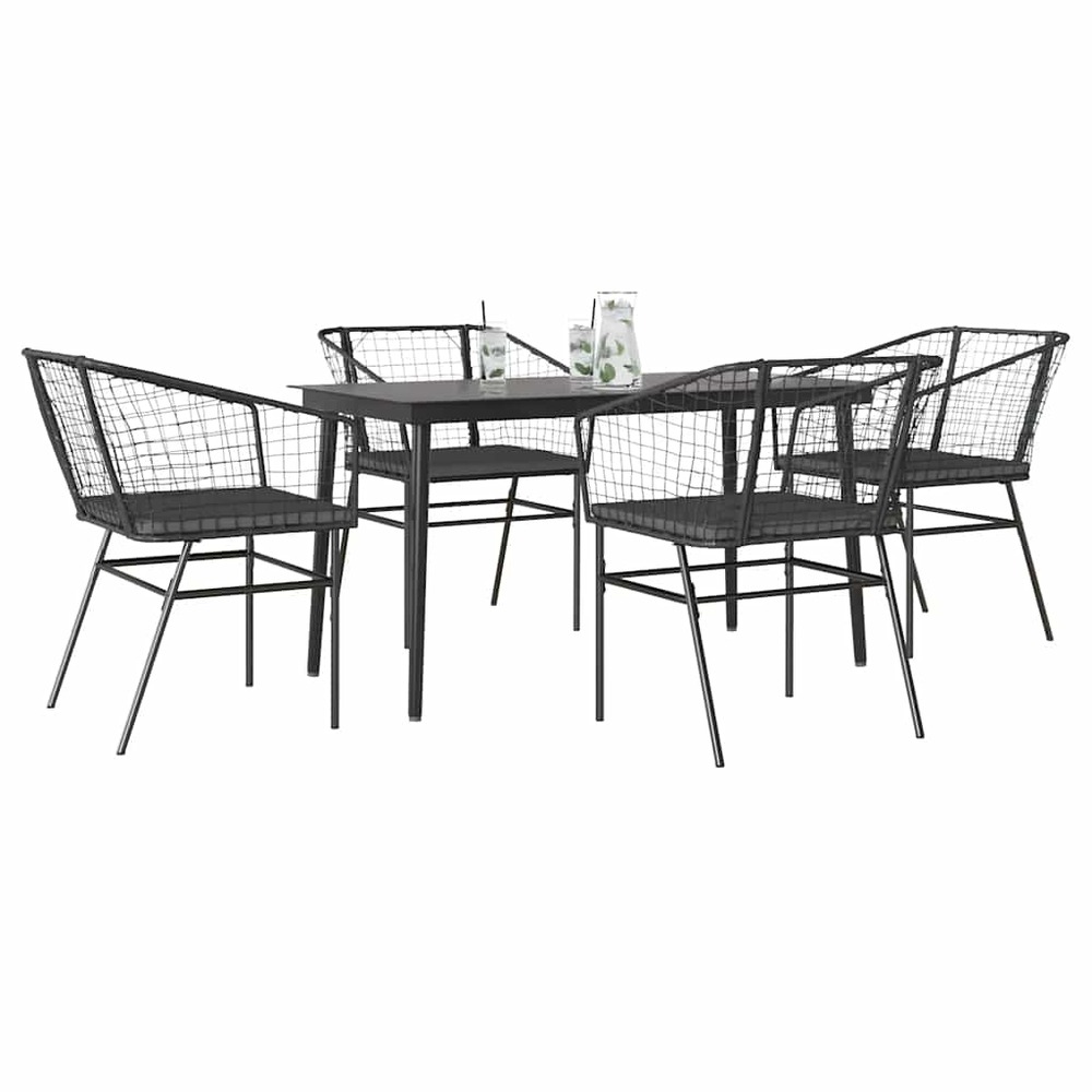 Ensemble à manger de jardin et coussins 5 pcs noir rotin verre