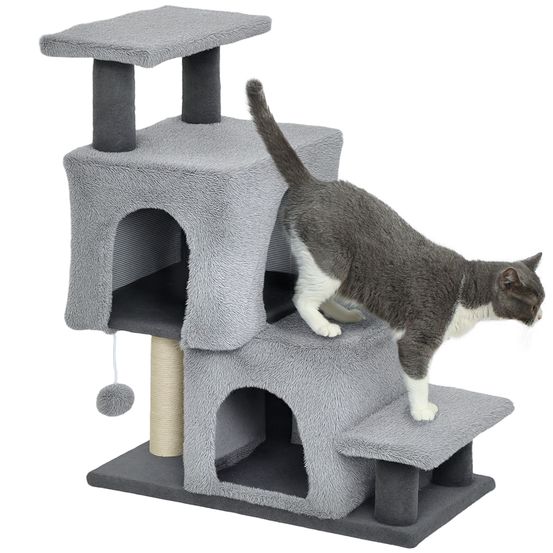 Escalier pour chat en peluche animaux de compagnie arbre à chat 2 niches 60x34x77cm gris