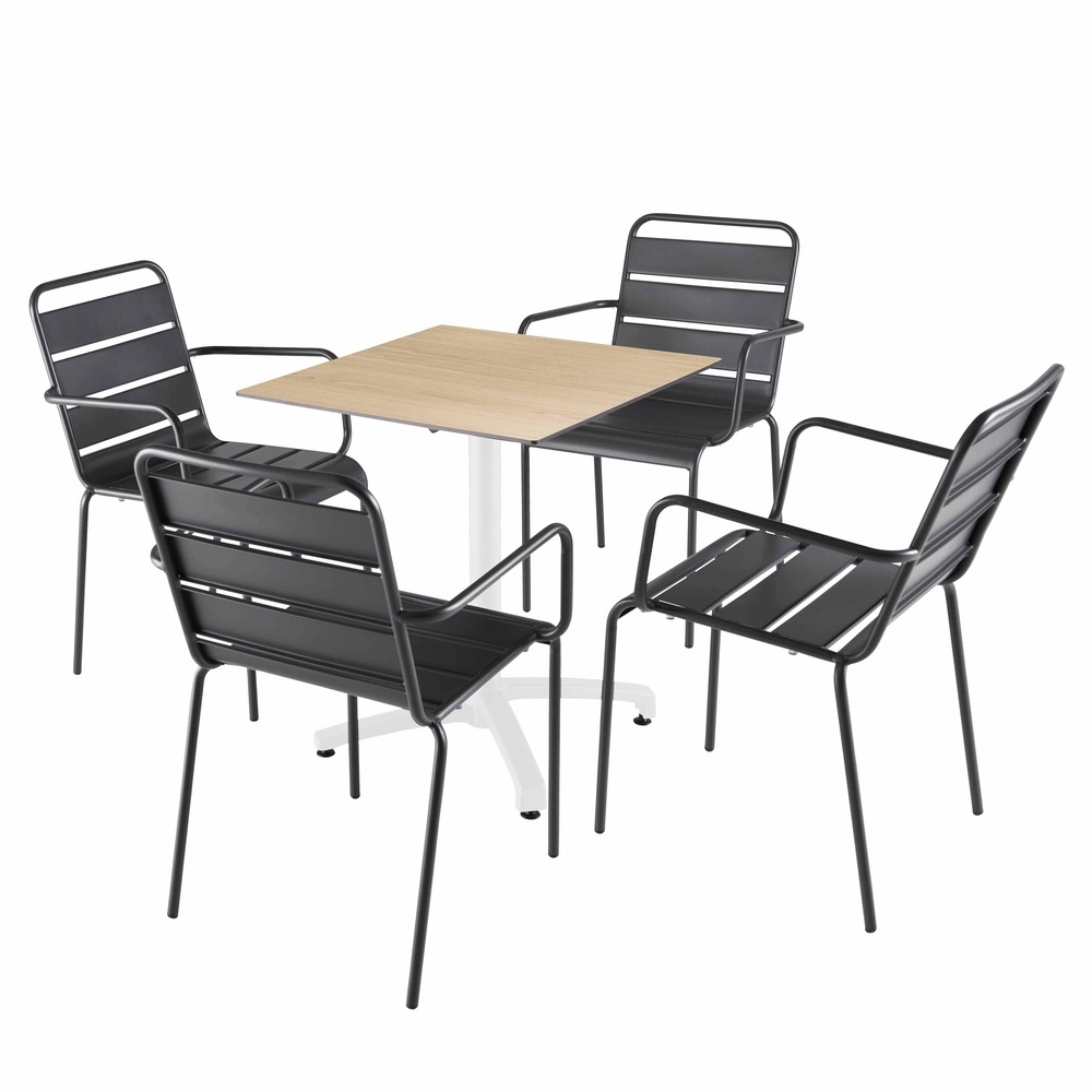 Ensemble table 70 cm chêne naturel et 4 chaises en métal gris