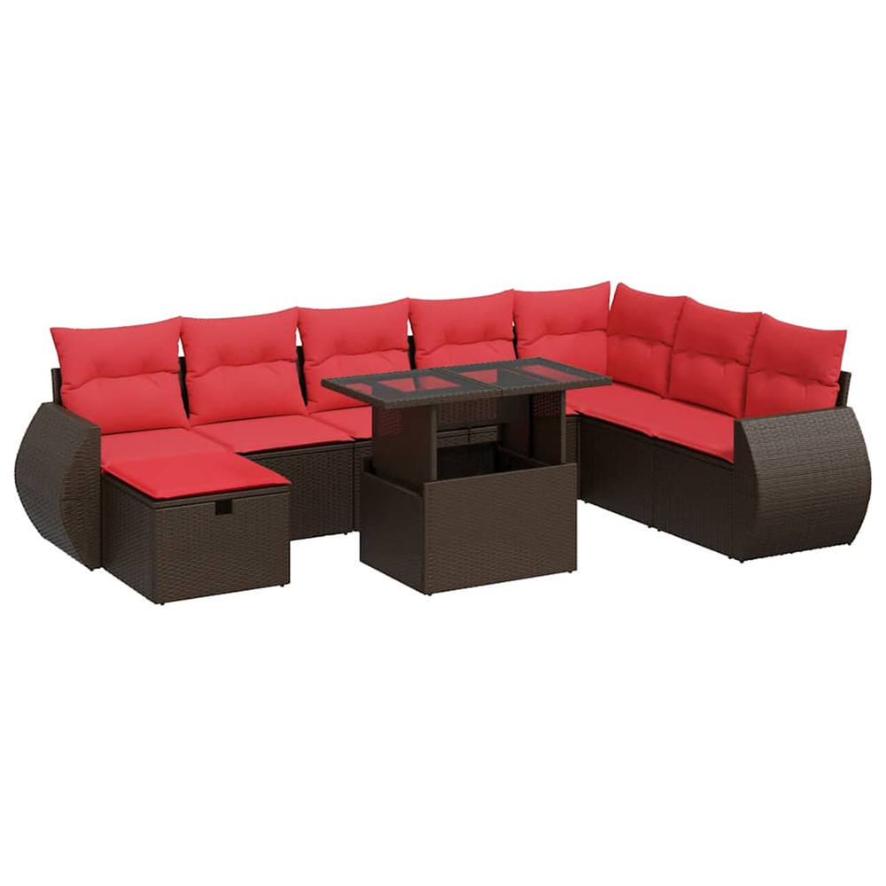 Salon de jardin avec coussins 9 pcs noir résine tressée acacia