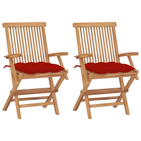 Chaises pliantes avec coussins rouges, 2 pièces, en teck massif
