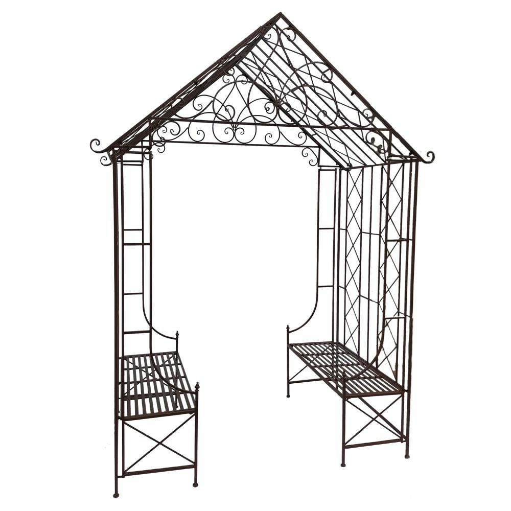 Gloriette kiosque maison abri banc jardin fer marron 200x114x270 cm