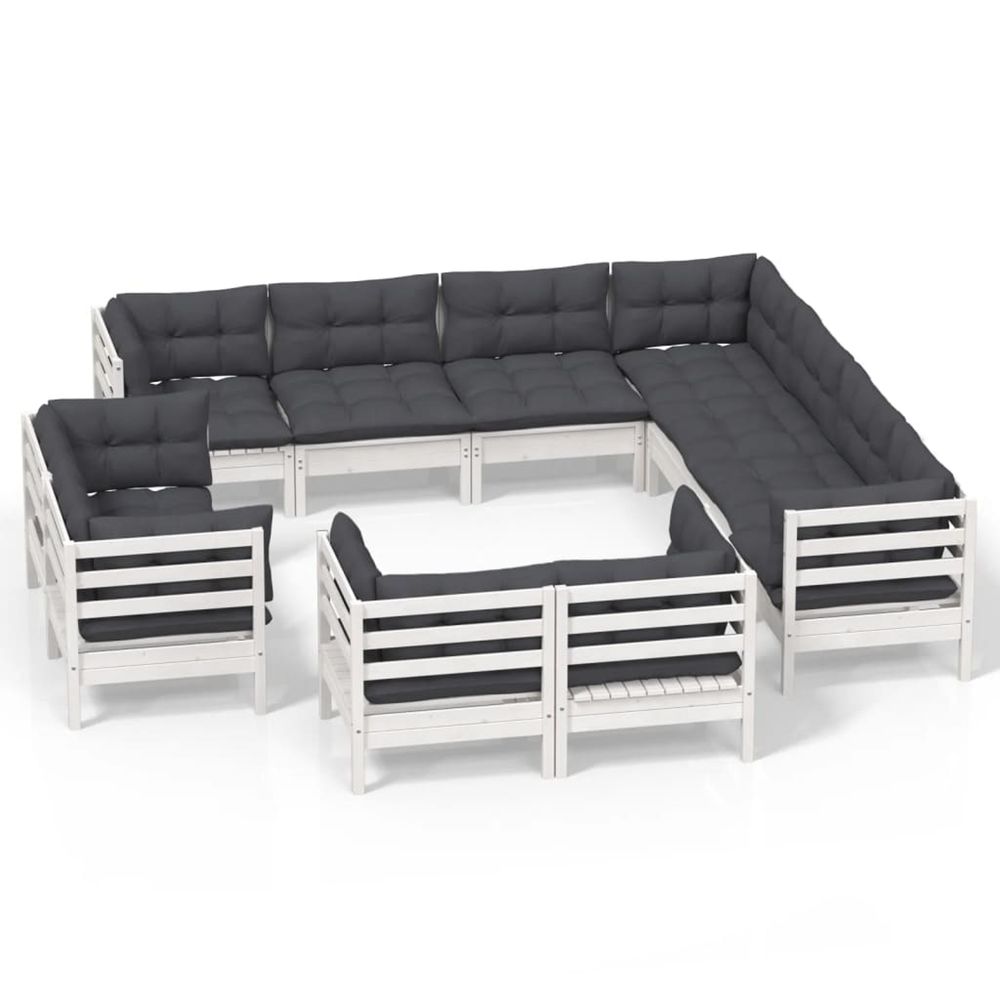 Salon de jardin 11 pcs avec coussins blanc bois de pin solide