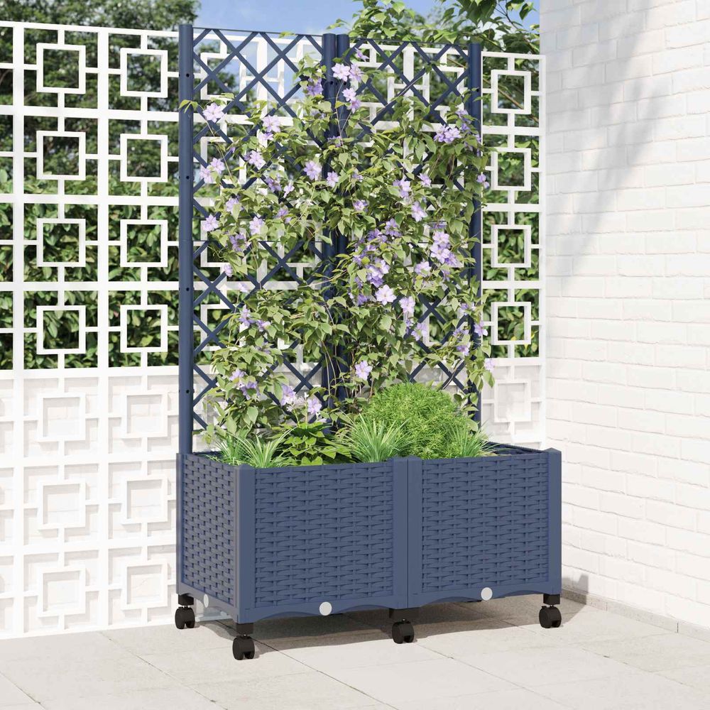 Bac à fleurs treillis pp jardin balcon tuteur tomates 80x40cm gris bleu