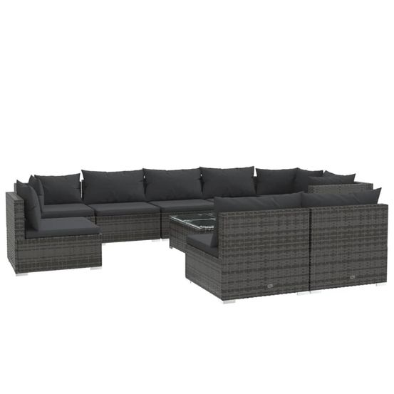 Salon de jardin 10 pcs avec coussins résine tressée gris