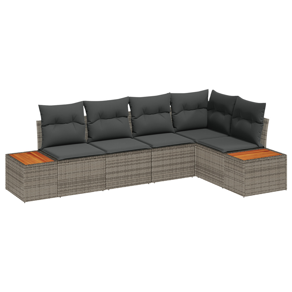 Ensemble de canapé jardin 5 pièces avec coussins gris poly rattan acacia