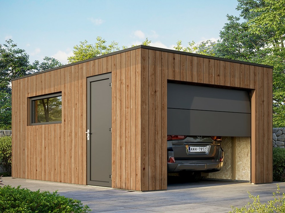 Garage bois traité ringwood - surface intérieure : 20m2 - porte sectionnelle - structure osb - membrane epdm - 1 voiture