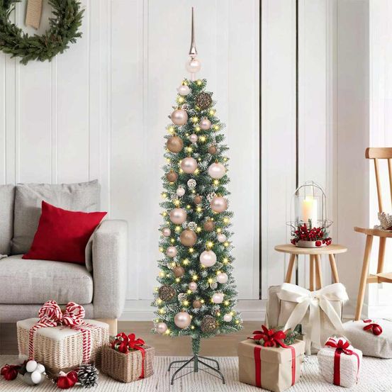 Sapin de noël étroit lumineux 120 cm, kit tout-en-un 150 led et 61 boules