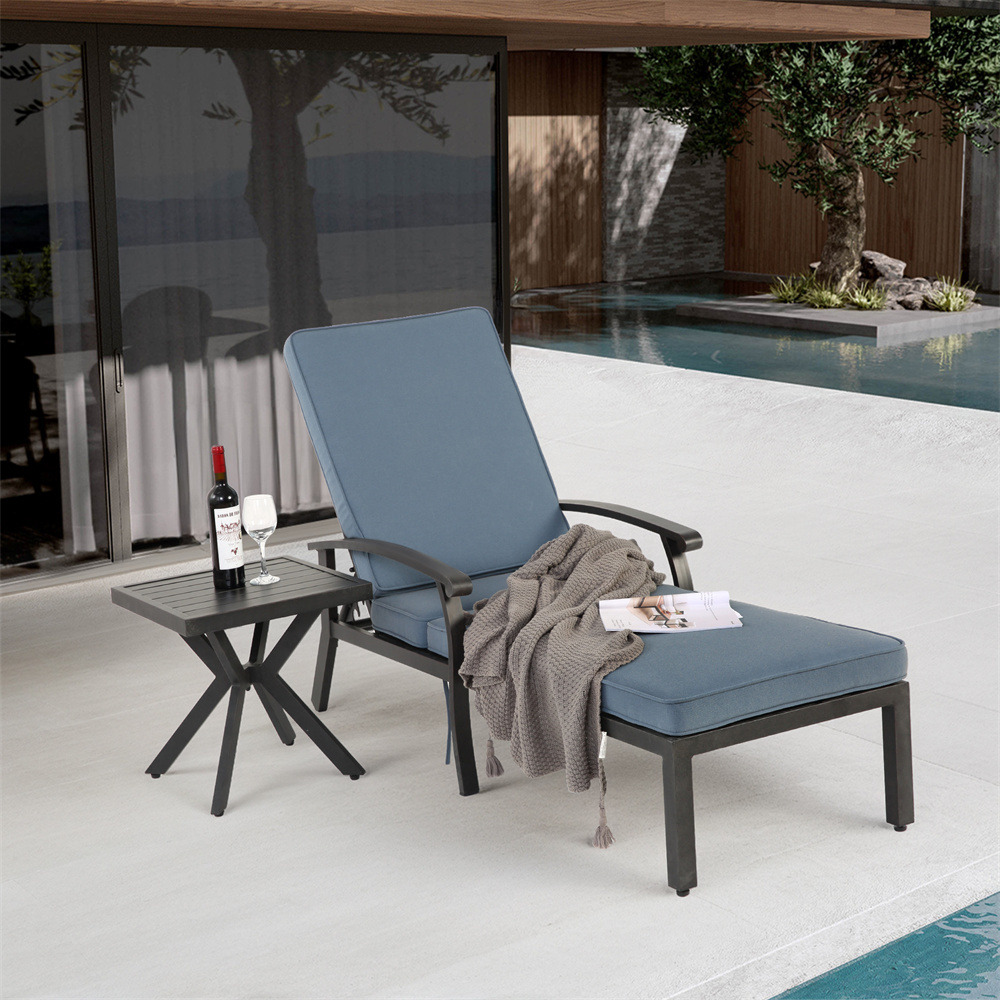 Chaise longue de patio avec coussin en coton, avec coussin bleu imperméable (1pc)