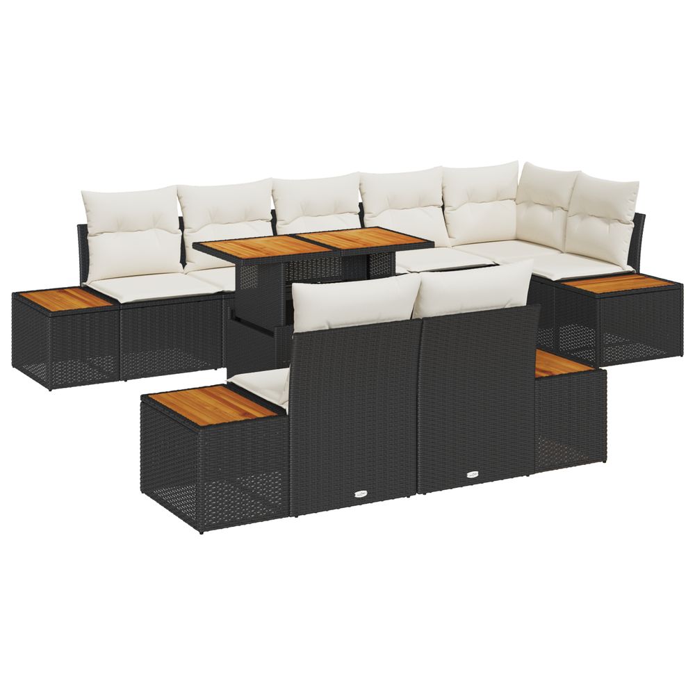 Ensemble de salle à manger de jardin de 9 pièces avec coussins en poly rattan noir et acacia