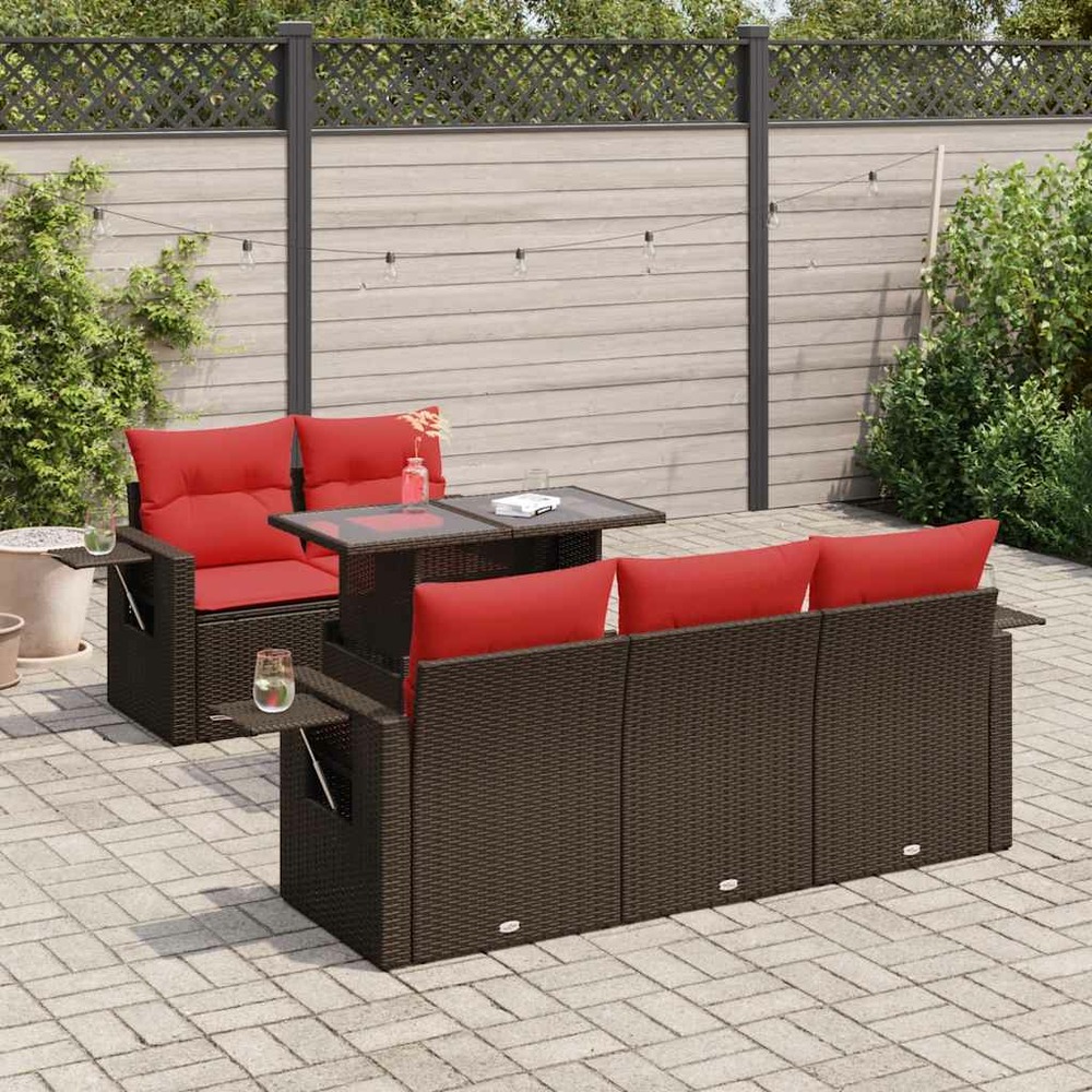 Salon de jardin avec coussins 6 pcs marron résine tressée acacia