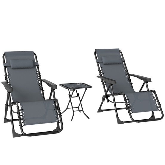 Bain de soleil, lot de 2, pliable, modèle zéro gravité, avec appuie-têtes et tablette latérale, gris