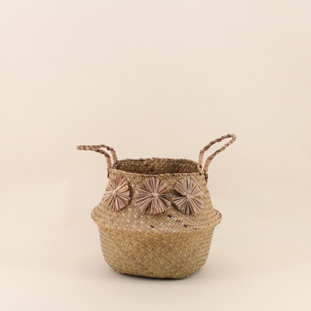 Panier en fibres naturelles avec pompons 31x27cm