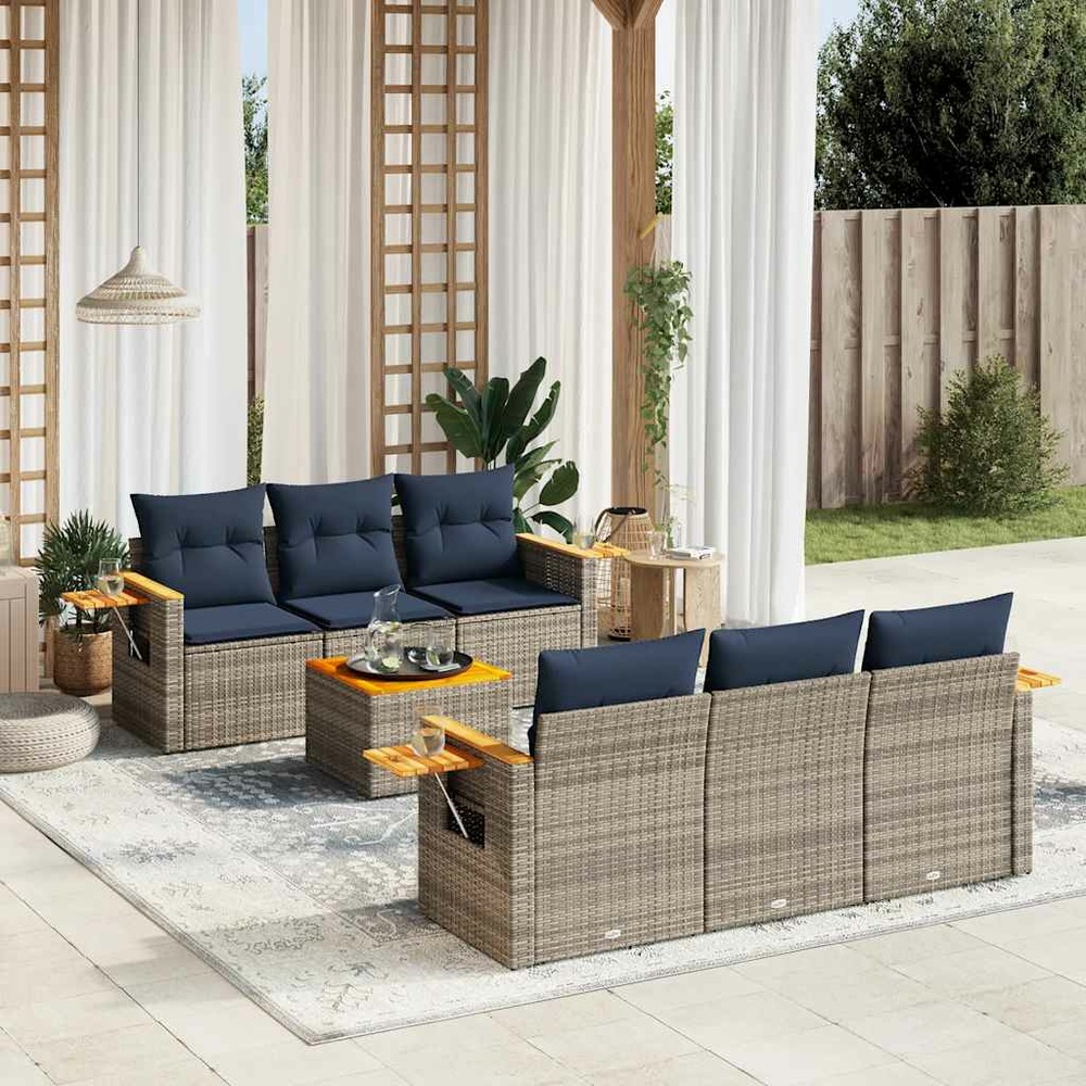 Salon de jardin 7 pcs avec coussins gris résine tressée