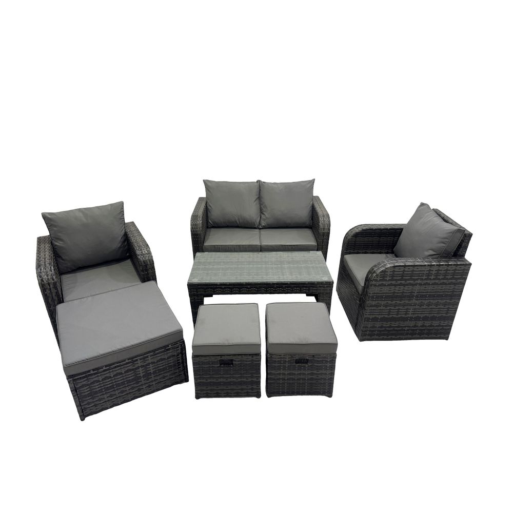 7 places ensemble de meubles de jardin en polyrotin avec table basse rectangulaire canapé d'amour 3 tabourets gris foncé mixte