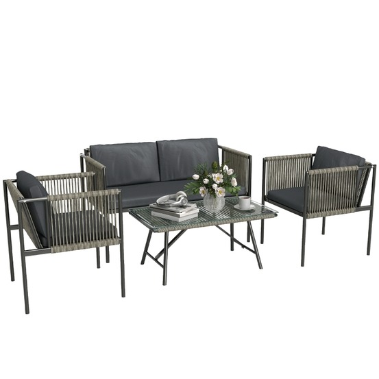 Ensemble jardin 4 pièces : canapé, 2 fauteuils, table verre, coussins, acier, rotin plastique, gris