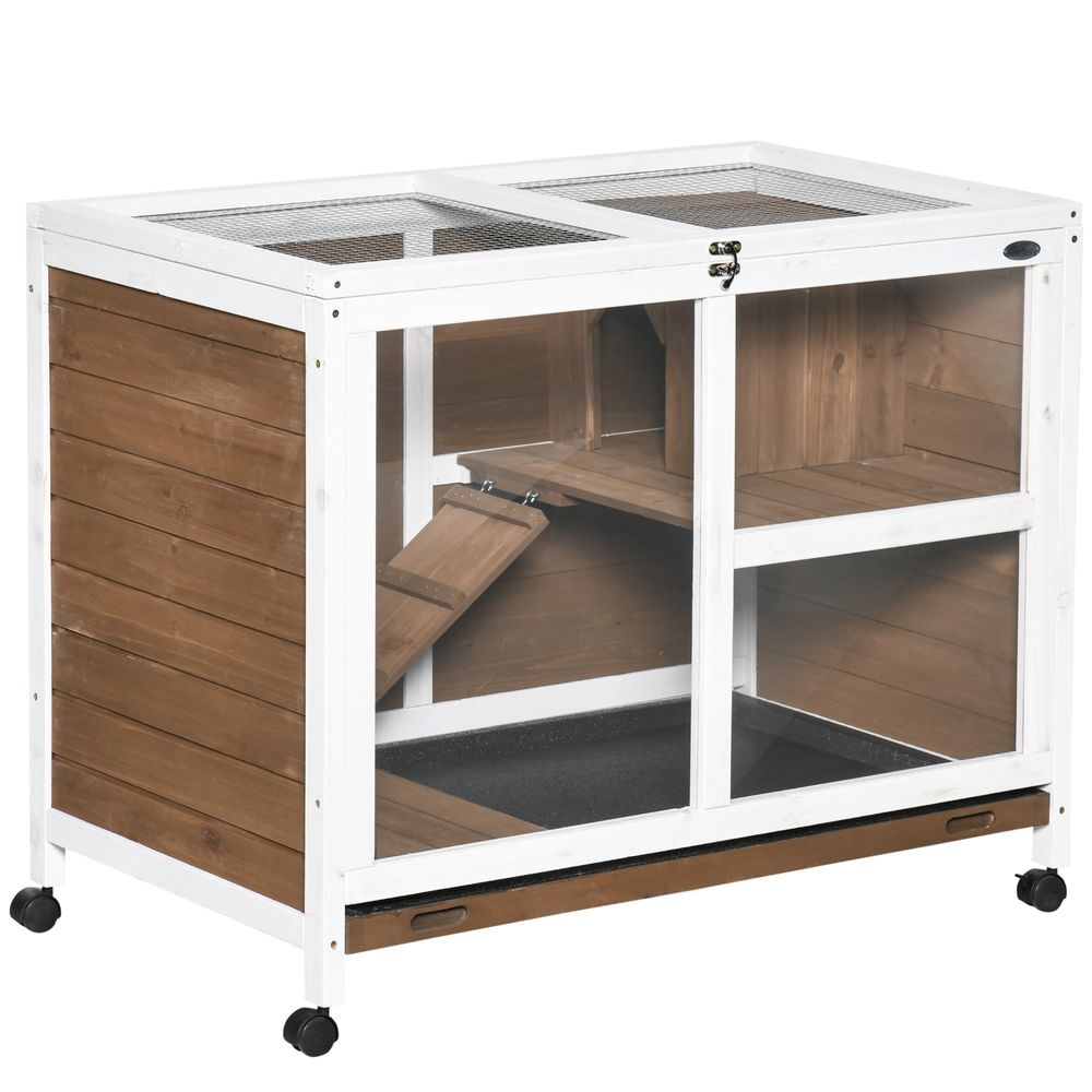 Clapier intérieur 2 niveaux bois rongeurs sur roulettes 91.5x53.3x73cm marron