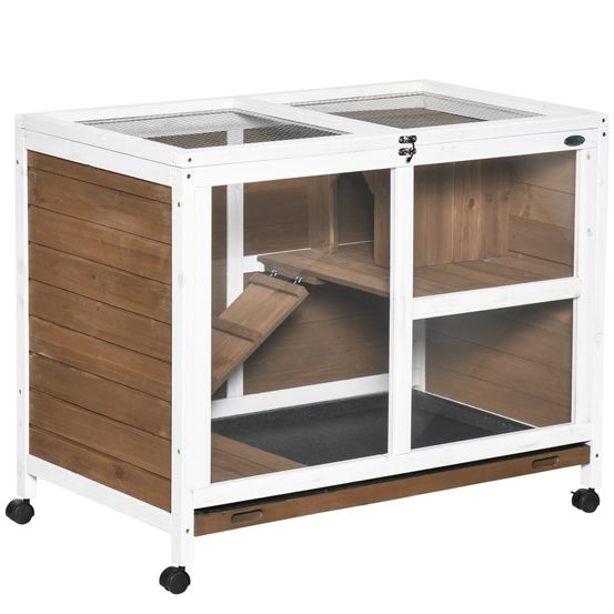 Clapier intérieur 2 niveaux bois rongeurs sur roulettes 91.5x53.3x73cm marron