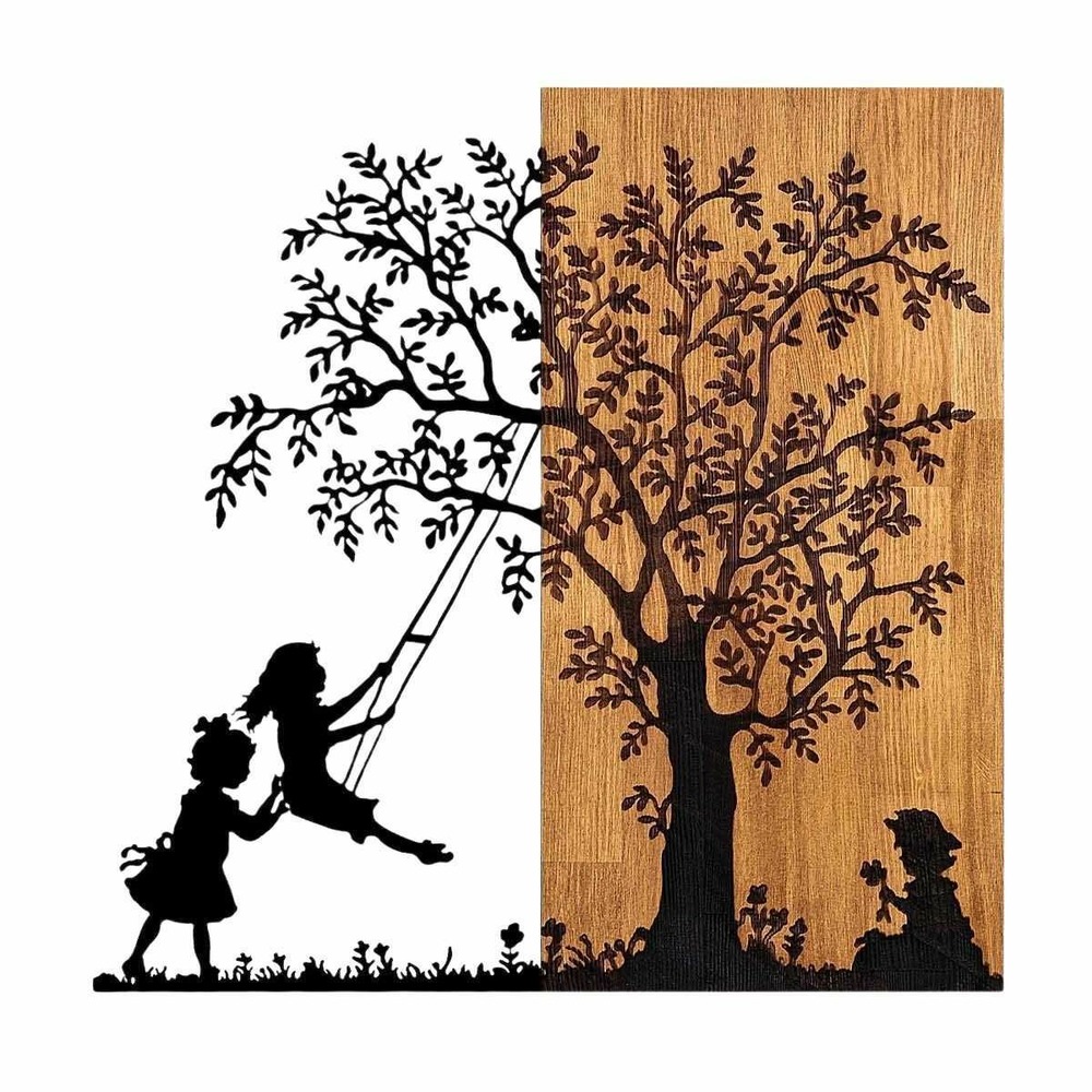 Décoration murale en bois et métal walnut arbre et enfants