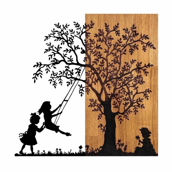 Décoration murale en bois et métal walnut arbre et enfants