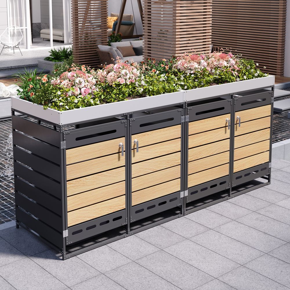 Cache-poubelle 4 bacs avec jardinière acier imitation bois extérieur anti-odeur 262x120cm noir - comfortxl outdoor living