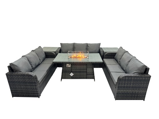 Salon de jardin en résine ensemble repas de jardin exterieur table de foyer à gaz avec 2 tables d'appoint canapé lounge