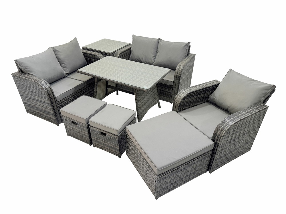 8 places ensemble de meubles de jardin en rotin avec table à manger fauteuil canapé d'amour 3 tabourets table d'appoint