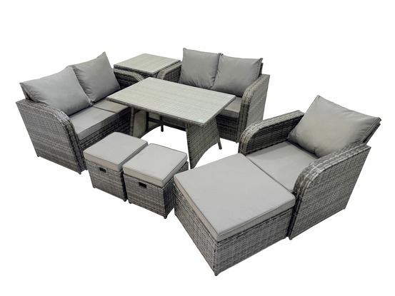 8 places ensemble de meubles de jardin en rotin avec table à manger fauteuil canapé d'amour 3 tabourets table d'appoint