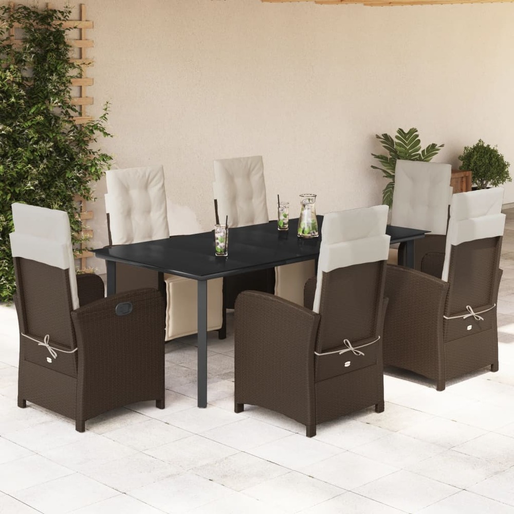 Ensemble à manger de jardin et coussins 7 pcs marron rotin