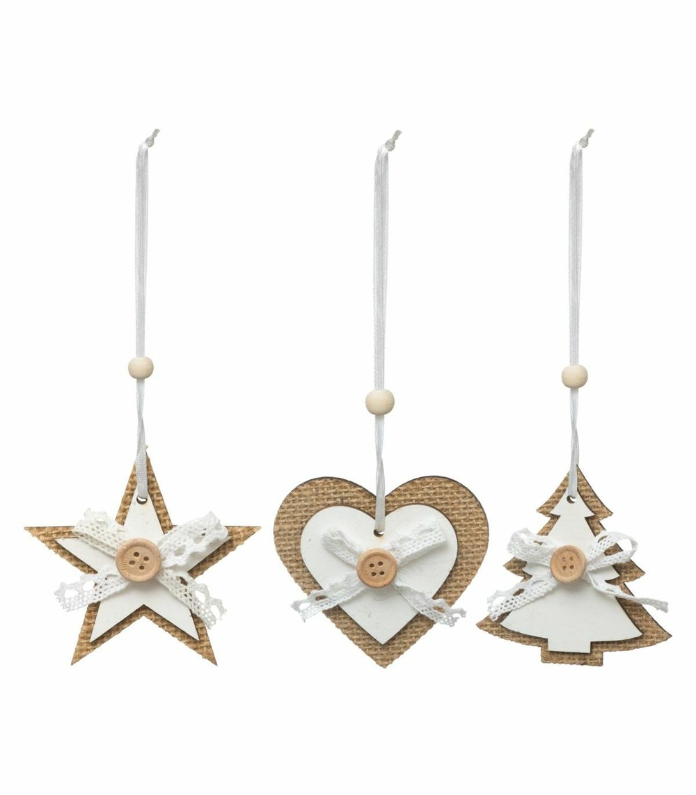 Déco de sapin lot de 3 formes coeur etoile et sapin en bois blanc et jute