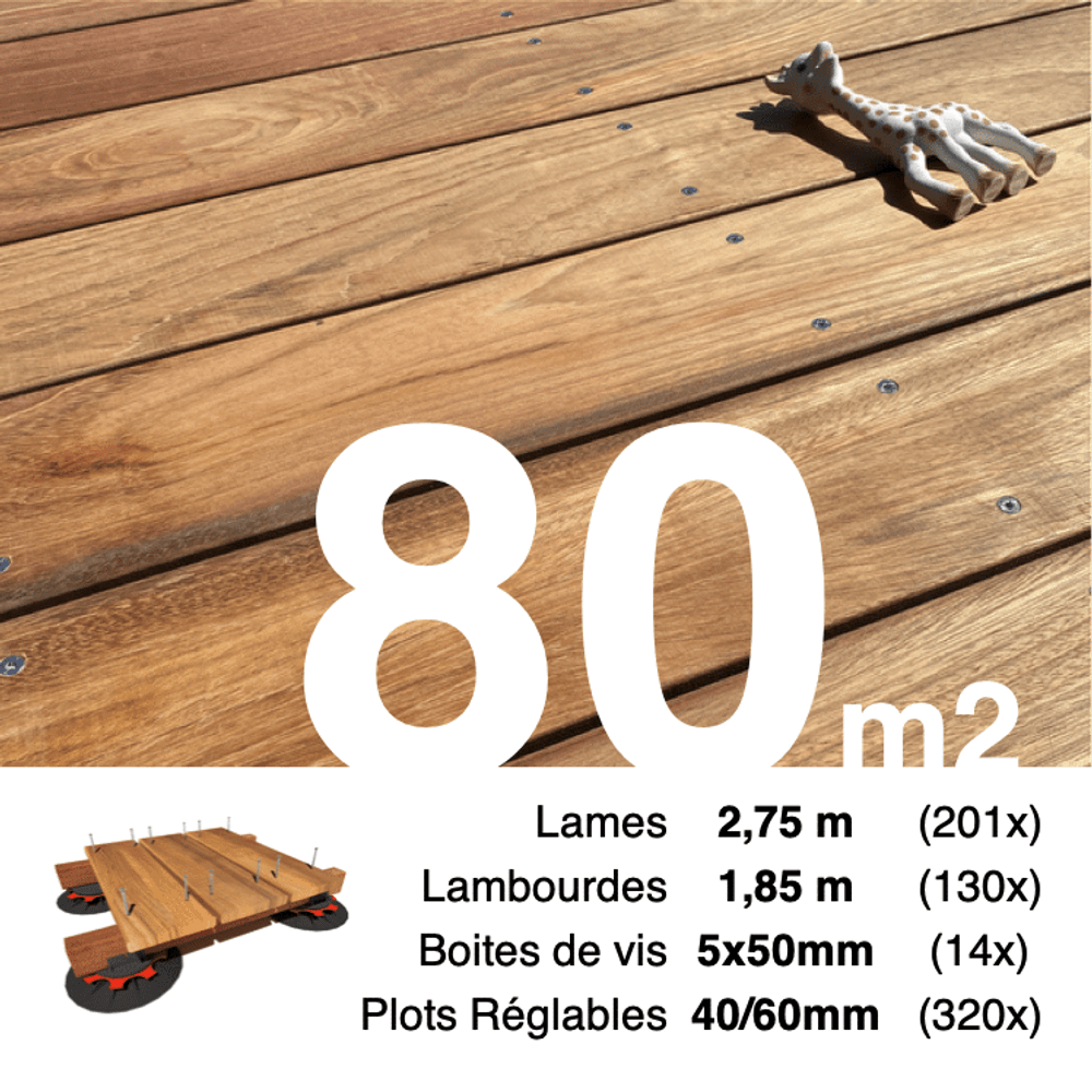 Kit complet terrasse bois exotique jatoba pour 80 m², lames 2,75 m, lambourdes 1,85 m, plots réglables et visserie inox.