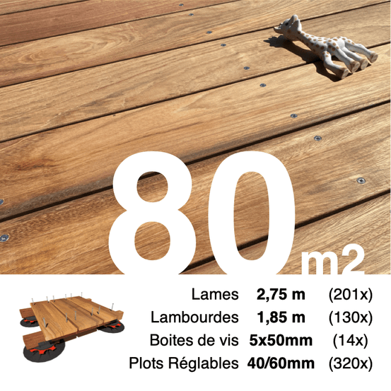 Kit complet terrasse bois exotique jatoba pour 80 m², lames 2,75 m, lambourdes 1,85 m, plots réglables et visserie inox.