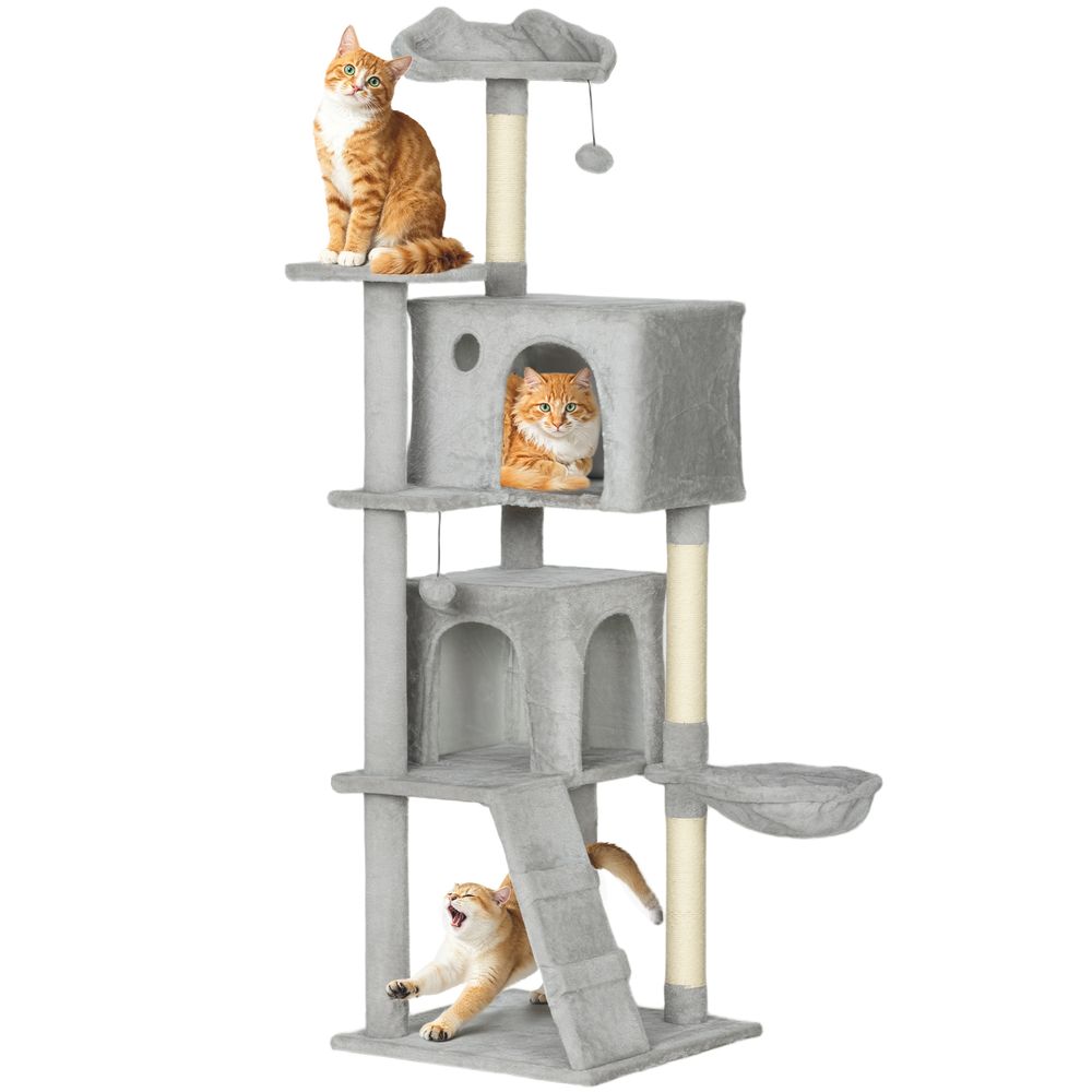 Arbre à chat 160cm tour d'activité multi-niveaux 2 niches hamac et échelle gris clair
