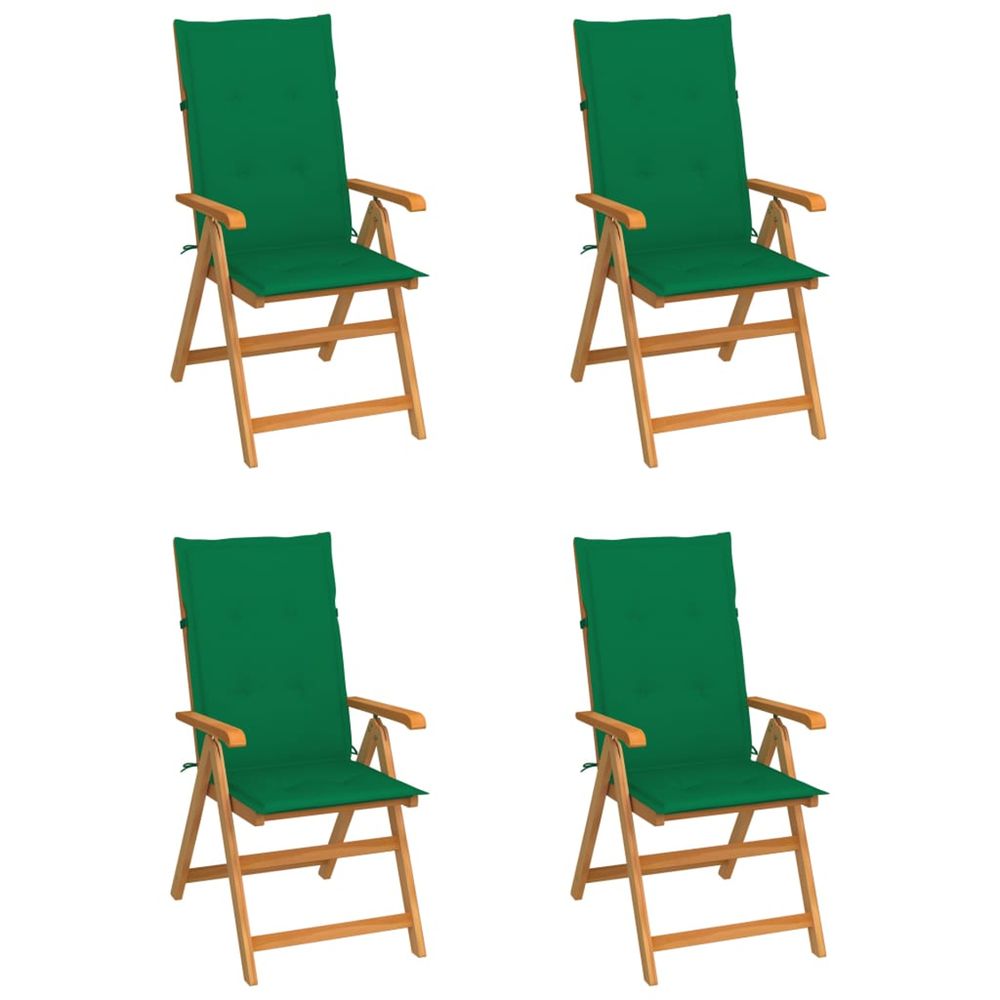 Ensemble de 4 chaises pliantes avec coussins verts en teck massif