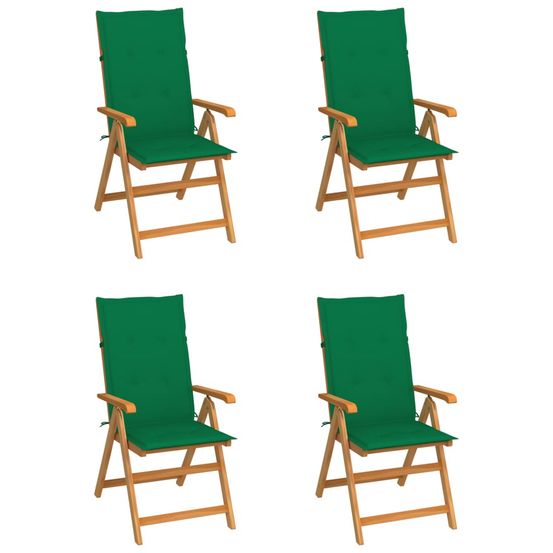 Ensemble de 4 chaises pliantes avec coussins verts en teck massif