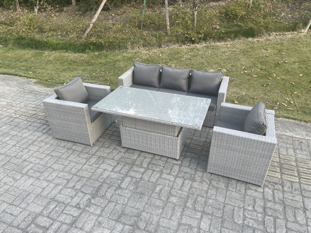 Salon de jardin exterieur table à manger réglable en hauteur ave canapé 2 fauteuil gris clair