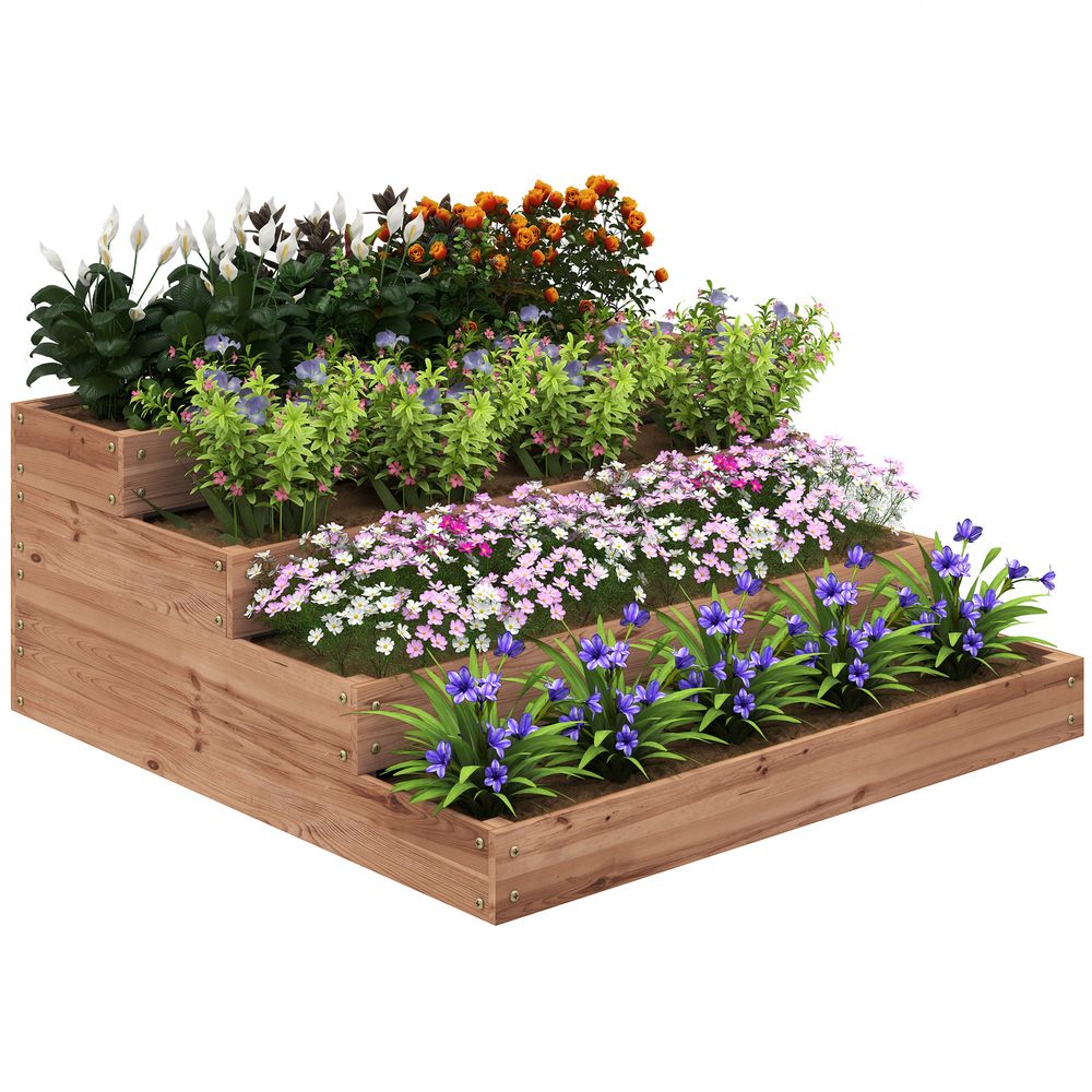 Potager surélevé bois sapin jardin 4 niveaux fond ouvert 113x113x46cm marron