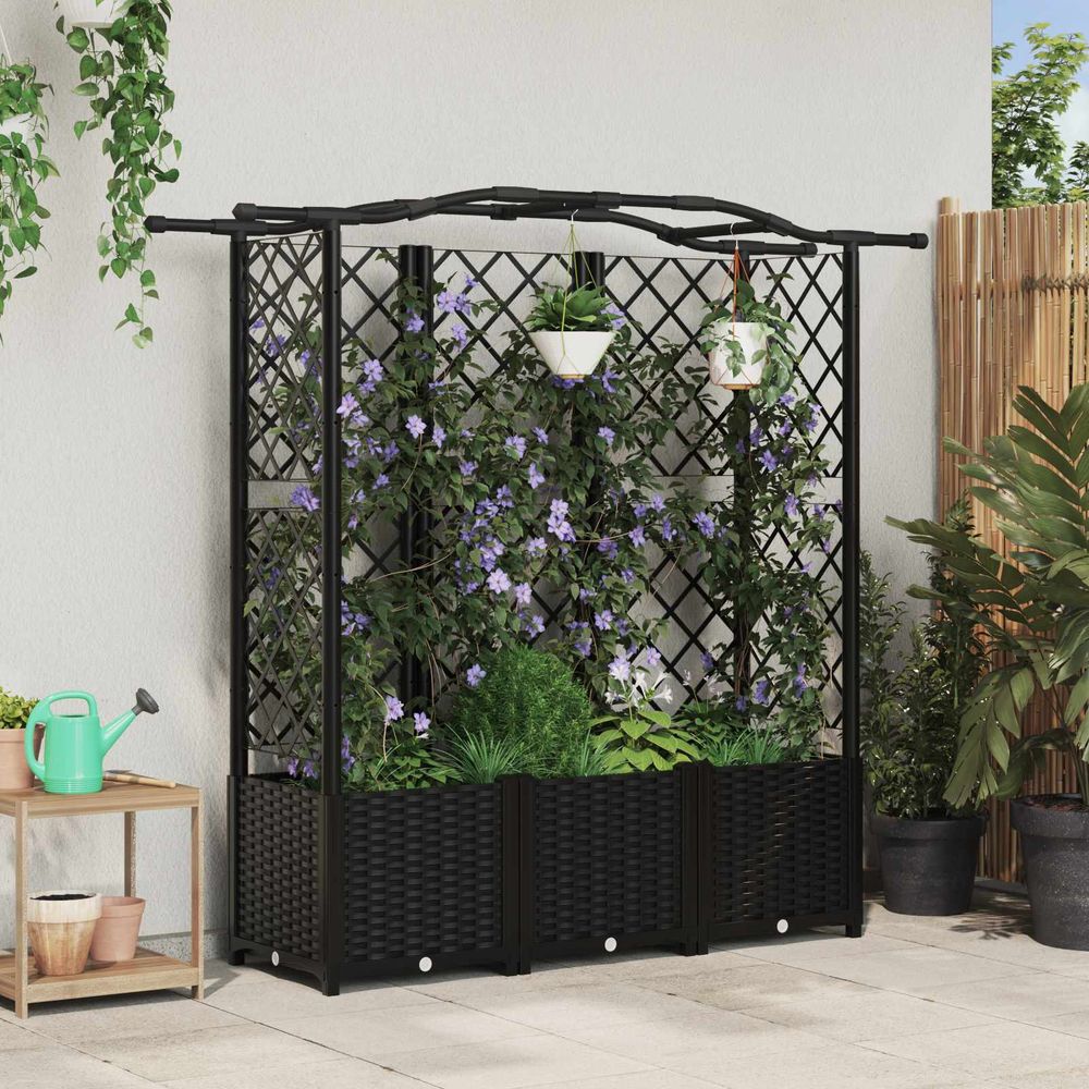 Jardinière surélevée toit courbé et treillis plastique pour balcon extérieur 163cm noir