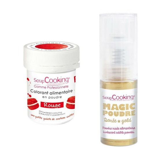 Colorant alimentaire rouge + poudre alimentaire irisée dorée