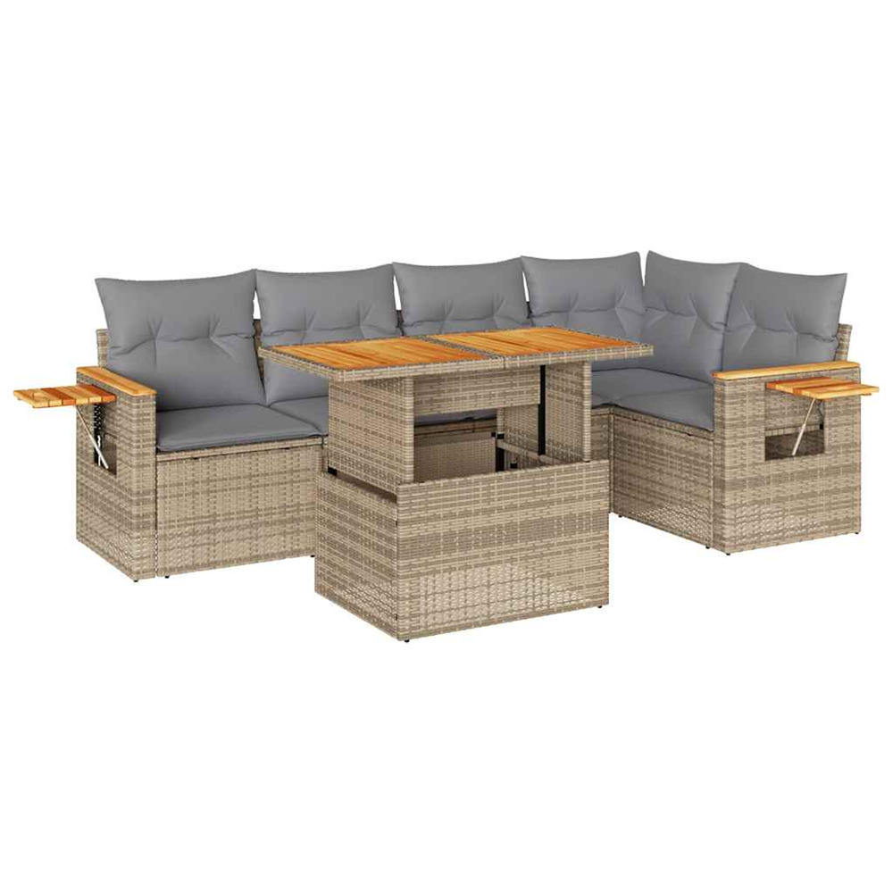 Salon de jardin 6 pcs avec coussins beige résine tressée acacia