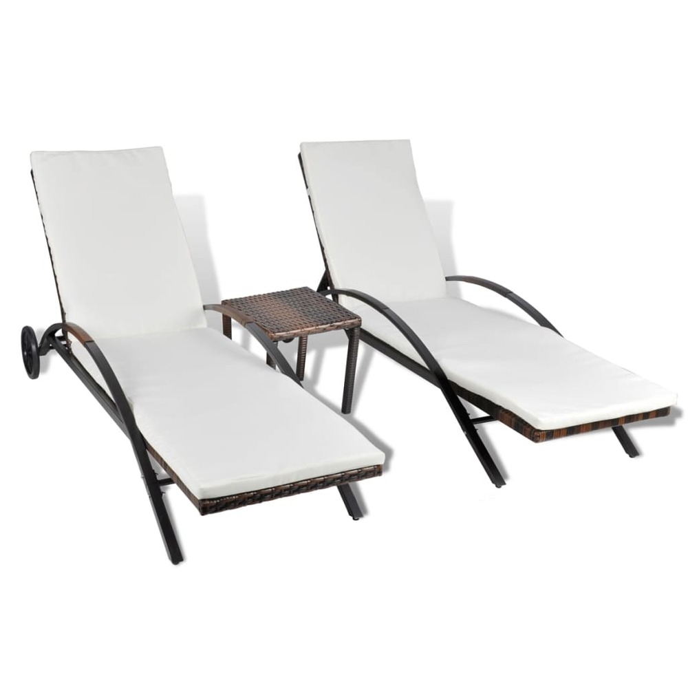 Lot de deux chaises longues transat 200 cm avec table résine tressée marron